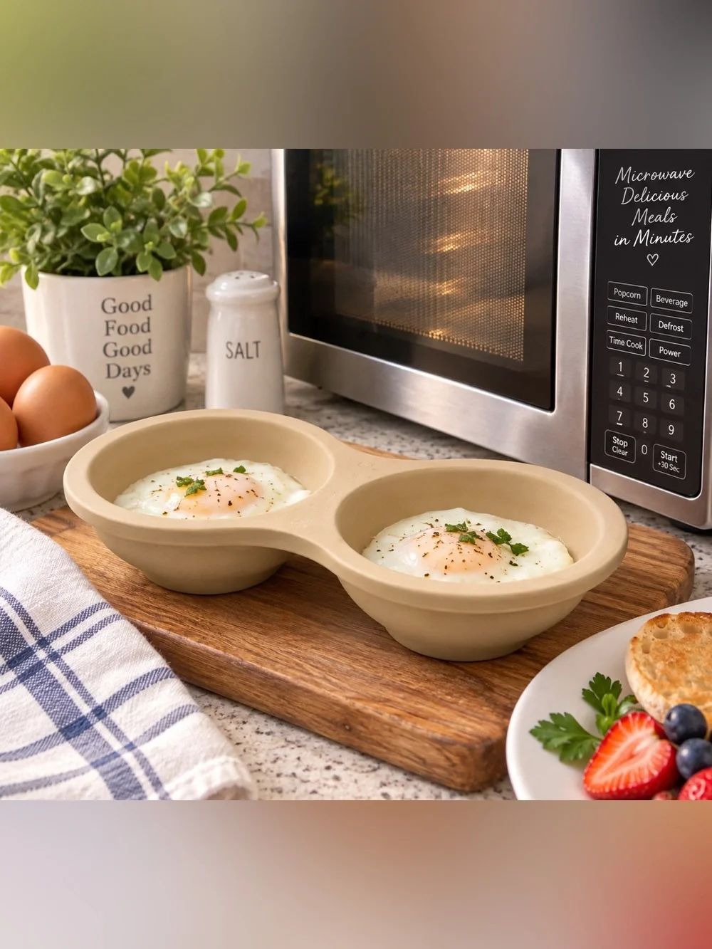 Pampered Chef Beige Stoneware Double Microwave Egg Cooker Dish USA #4144